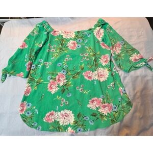 Status by Chenault Green Floral Off Shoulder Blouse XL Pink Peony Tie Sleeve
